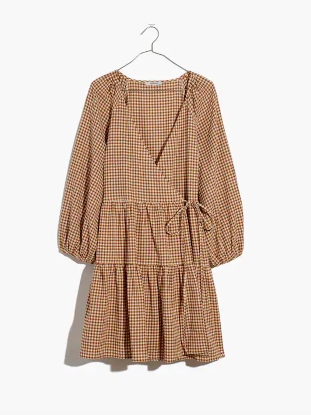 Madewell Brown Gingham Wrap Tiered Long-Sleeve Dress Size Small